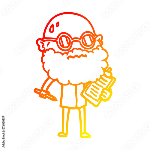 warm gradient line drawing cartoon worried man with beard and sunglasses taking survey