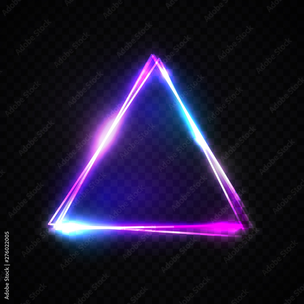 Neon abstract triangle on transparent background. Glowing frame. Vintage electric symbol. Burning pointer. Club, bar or cafe design element for your ad sign, poster, banner. Bright vector illustration - obrazy, fototapety, plakaty 