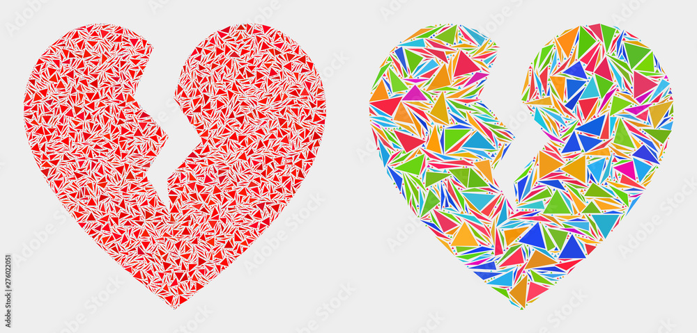 Fototapeta premium Broken heart collage icon of triangle items which have variable sizes and shapes and colors. Geometric abstract vector illustration of broken heart.