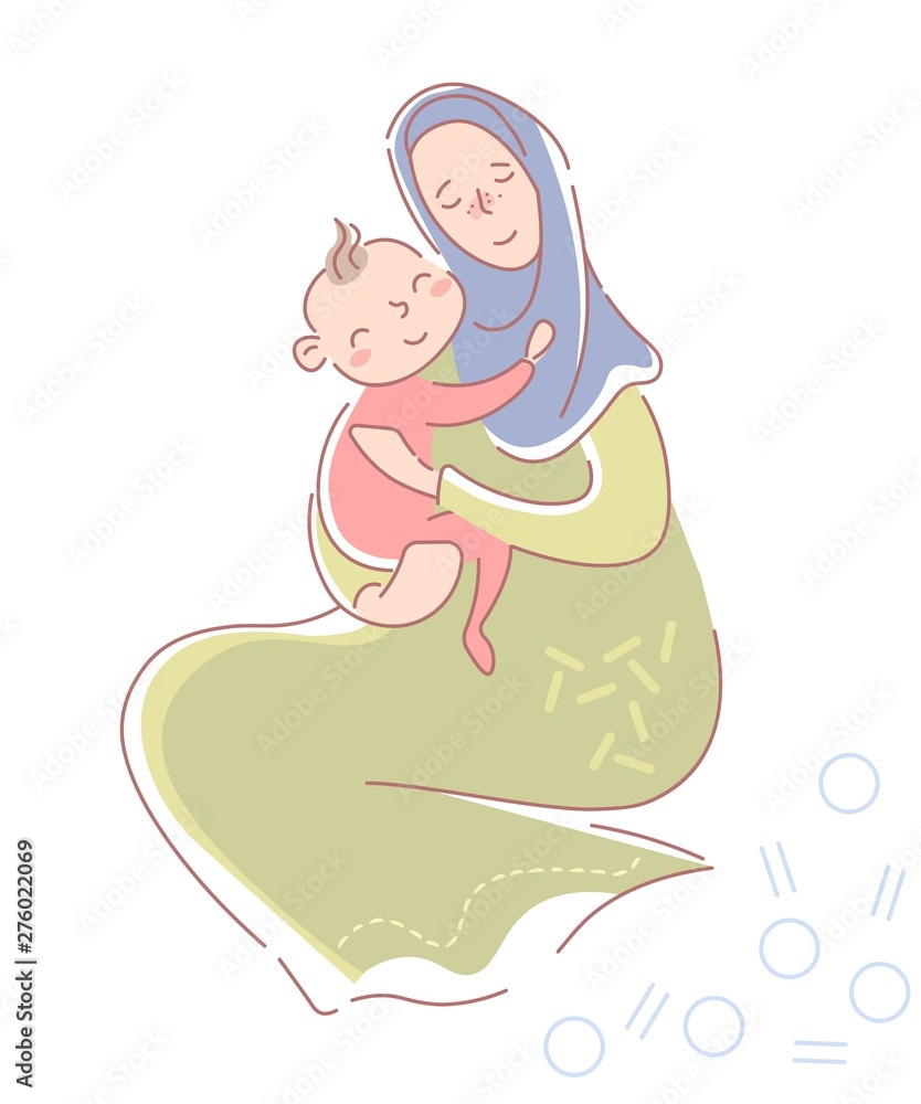 Loving young muslim mother in hijab and traditional dress seated protectively hugging a smiling happy baby daughter in pink on her lap isolated on white. Vector illustration Loving young muslim mother in hijab and traditional dress seated protectively hugging a smiling happy baby daughter in pink on her lap isolated on white. Vector illustration