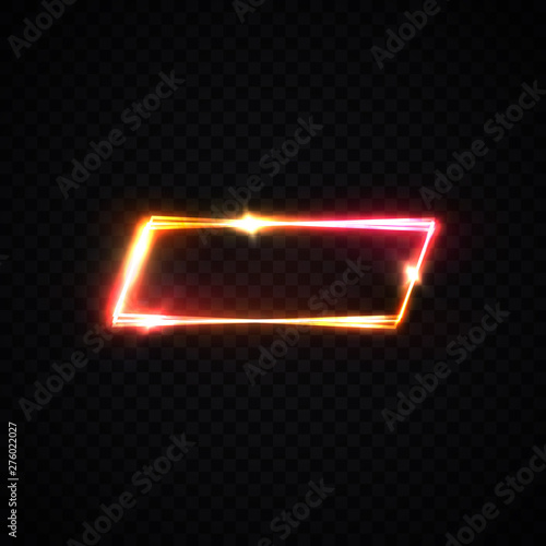 Rectangle neon frame on dark transparent background. Electric glowing border for design projects, ad, banner, flyer, marquee signs, posters in 1980 style. Red pink color bright vector illustration.