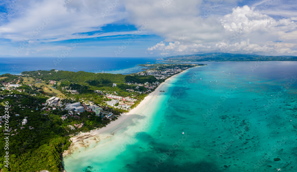 Aerial drone view of the island of Boracay in the Philippines