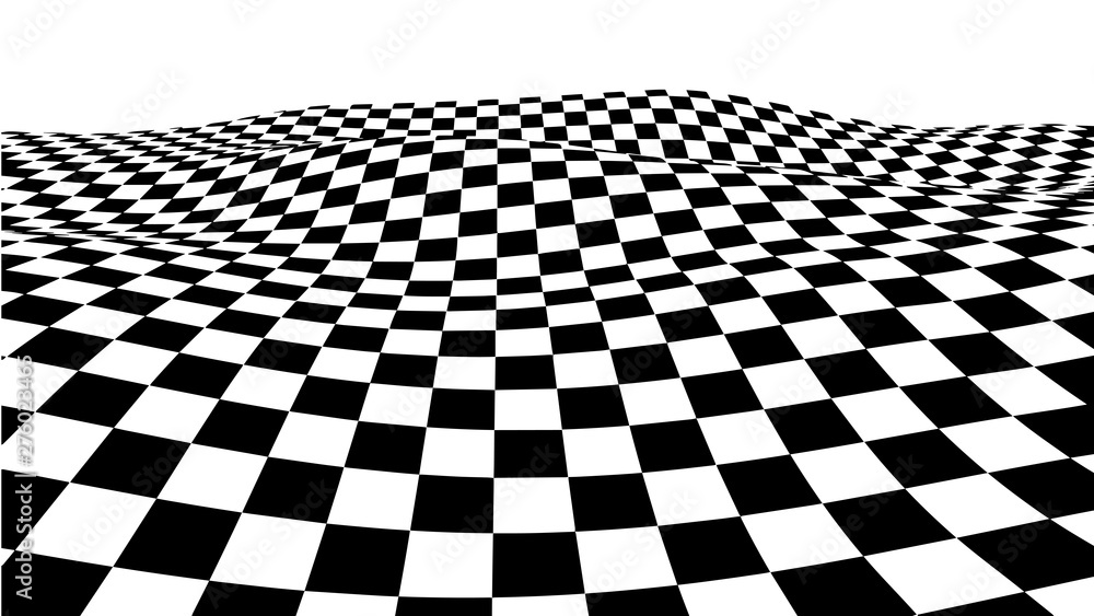 Naklejka premium Optical illusion wave. Chess waves board. Abstract 3d black and white illusions. Horizontal lines stripes pattern or background with wavy distortion effect. Vector illustration.