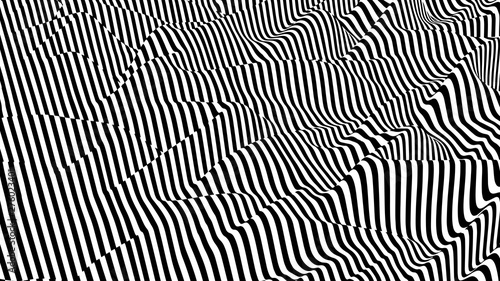 Optical illusion wave. Abstract 3d black and white illusions. Horizontal lines stripes pattern or background with wavy distortion effect. Vector illustration.