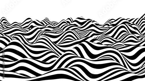 Optical illusion wave. Abstract 3d black and white illusions. Horizontal lines stripes pattern or background with wavy distortion effect. Vector illustration.