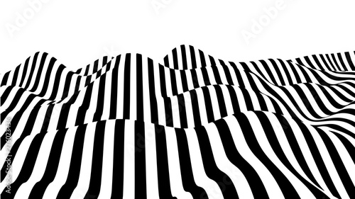 Optical illusion wave. Abstract 3d black and white illusions. Horizontal lines stripes pattern or background with wavy distortion effect. Vector illustration.