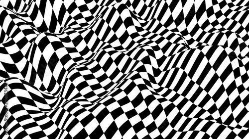 Optical illusion wave. Chess waves board. Abstract 3d black and white illusions. Horizontal lines stripes pattern or background with wavy distortion effect. Vector illustration.