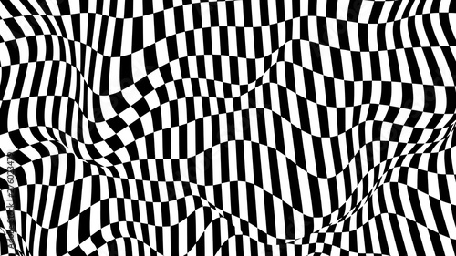 Optical illusion wave. Chess waves board. Abstract 3d black and white illusions. Horizontal lines stripes pattern or background with wavy distortion effect. Vector illustration.