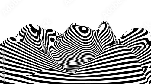 Optical illusion wave. Abstract 3d black and white illusions. Horizontal lines stripes pattern or background with wavy distortion effect. Vector illustration.