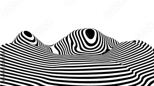 Optical illusion wave. Abstract 3d black and white illusions. Horizontal lines stripes pattern or background with wavy distortion effect. Vector illustration.