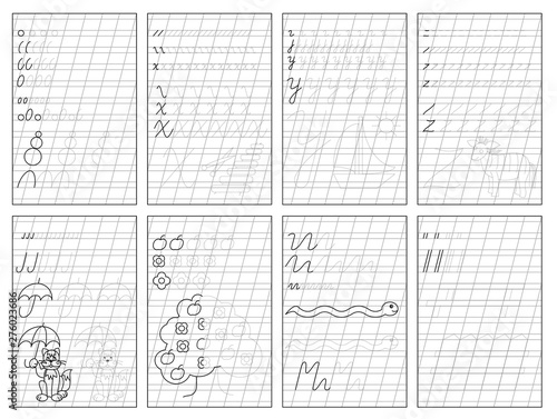 Set of black and white educational pages on oblique line for kids. Printable worksheet for children textbook. Developing skills of writing and tracing. Baby book. Back to school.