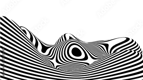 Optical illusion wave. Abstract 3d black and white illusions. Horizontal lines stripes pattern or background with wavy distortion effect. Vector illustration.