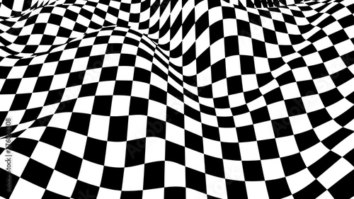 Optical illusion wave. Chess waves board. Abstract 3d black and white illusions. Horizontal lines stripes pattern or background with wavy distortion effect. Vector illustration.