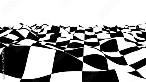 Optical illusion wave. Chess waves board. Abstract 3d black and white illusions. Horizontal lines stripes pattern or background with wavy distortion effect. Vector illustration.