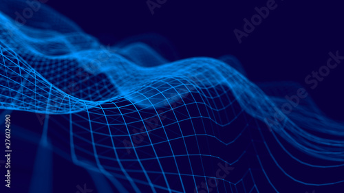 Wave 3d. 3D blue glowing abstract background. Abstract background with a dynamic wave. Big data visualization. 3d rendering.