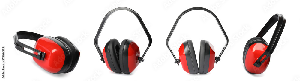 Φωτογραφία Set of protective headphones on white background. Banner design