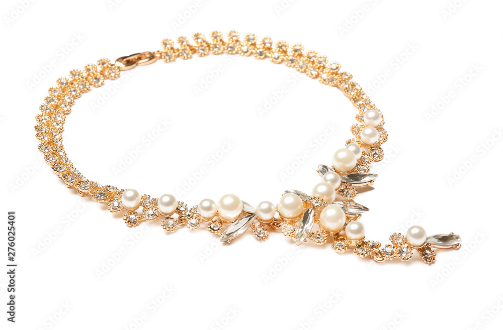Stylish necklace with gemstones isolated on white. Luxury jewelry Stylish necklace with gemstones isolated on white. Luxury jewelry