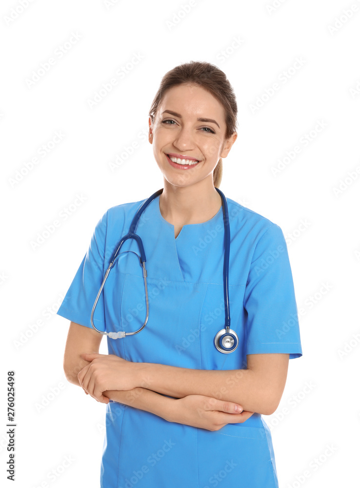 Portrait of medical doctor with stethoscope isolated on white Portrait of medical doctor with stethoscope isolated on white