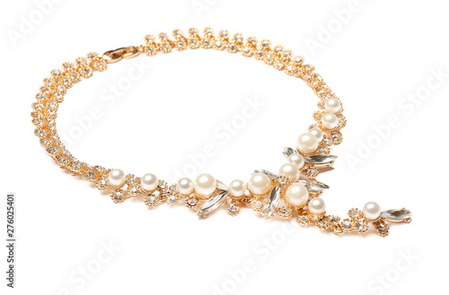 Slika na platnu Stylish necklace with gemstones isolated on white. Luxury jewelry