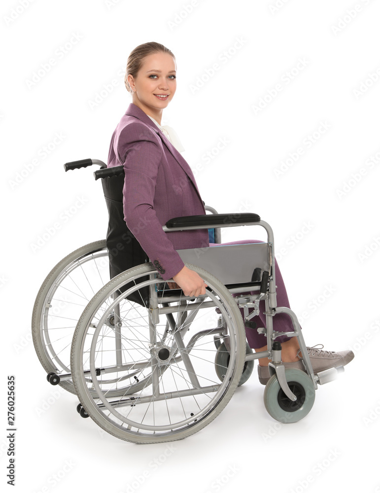 Beautiful young businesswoman in wheelchair isolated on white Beautiful young businesswoman in wheelchair isolated on white
