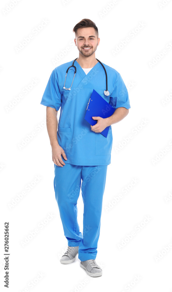 Full length portrait of medical doctor with clipboard and stethoscope isolated on white Full length portrait of medical doctor with clipboard and stethoscope isolated on white
