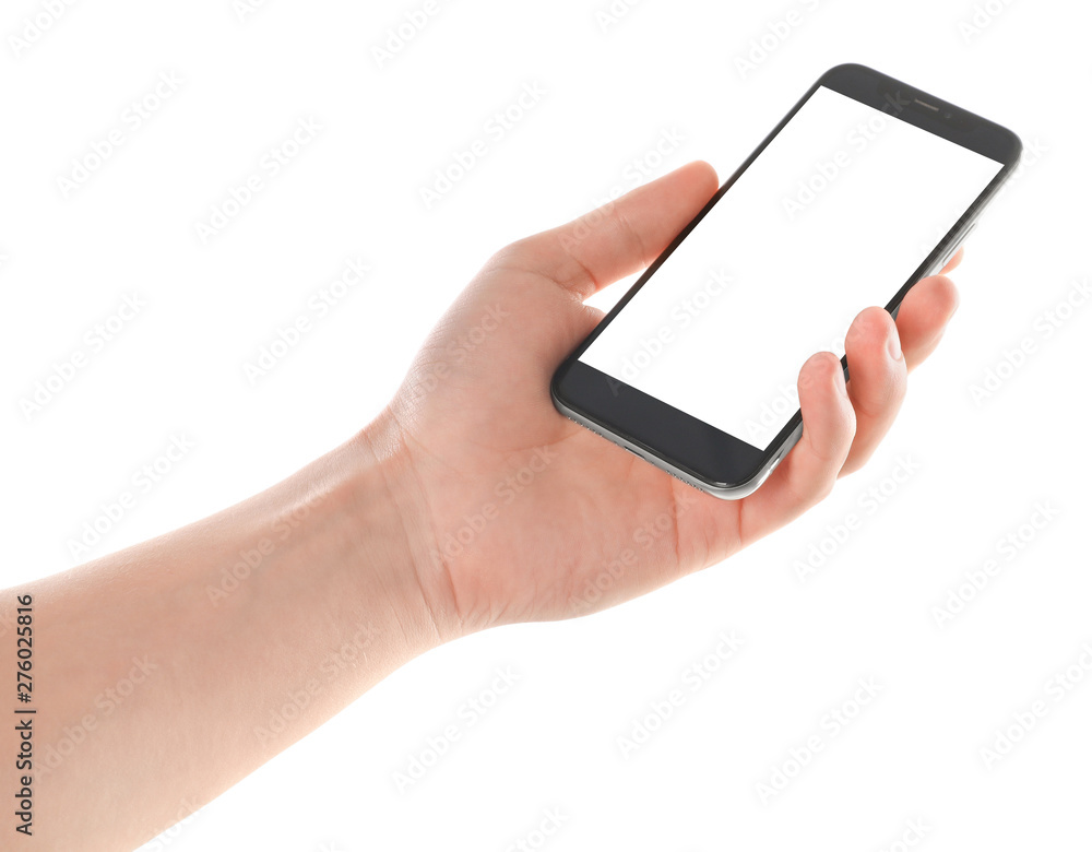 Man holding smartphone with blank screen on white background, closeup of hand. Space for text Man holding smartphone with blank screen on white background, closeup of hand. Space for text