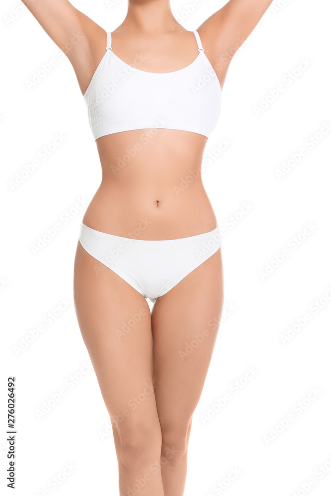 Slim young woman with smooth gentle skin on white background. Beauty and body care concept Slim young woman with smooth gentle skin on white background. Beauty and body care concept