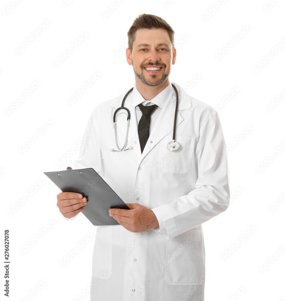 Portrait of male doctor with clipboard isolated on white. Medical staff Portrait of male doctor with clipboard isolated on white. Medical staff