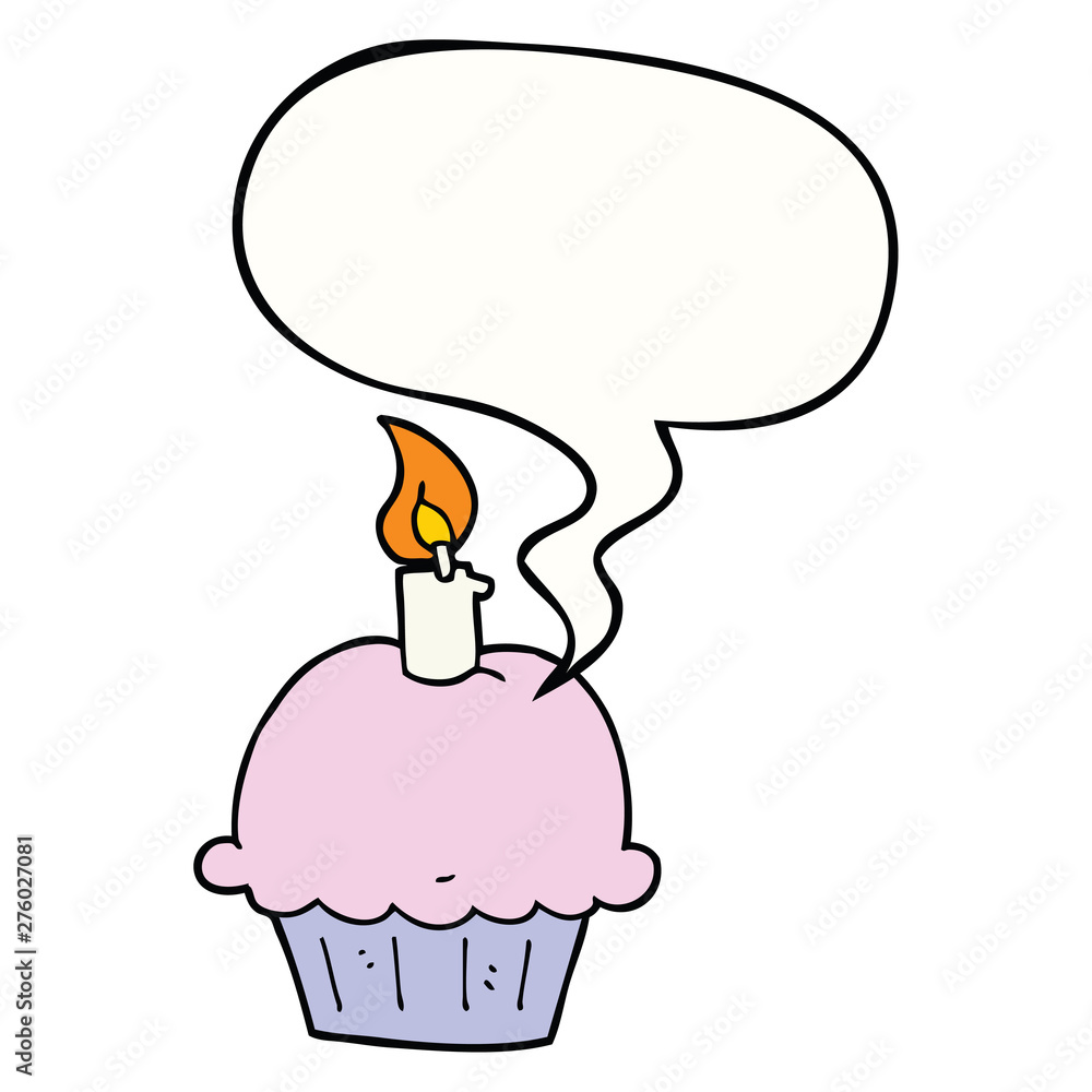 cartoon birthday cupcake and speech bubble