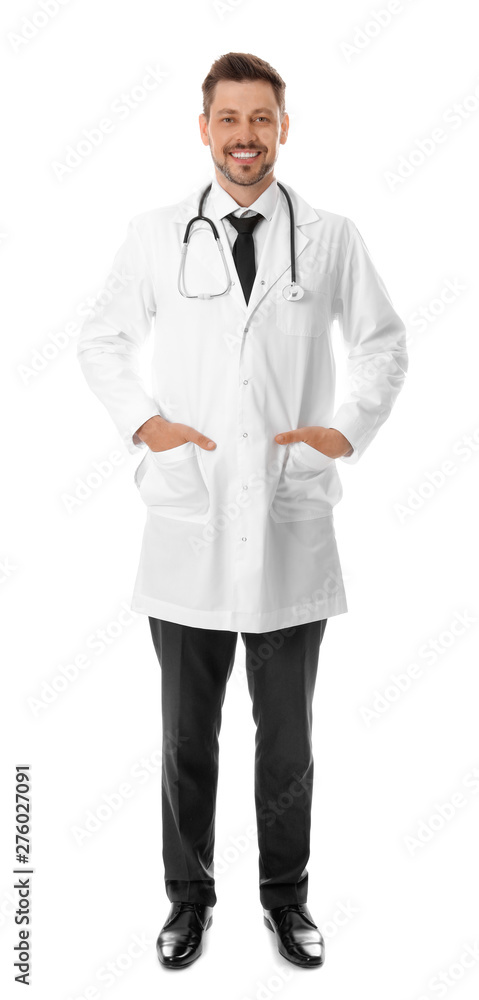 Full length portrait of smiling male doctor isolated on white. Medical staff Full length portrait of smiling male doctor isolated on white. Medical staff