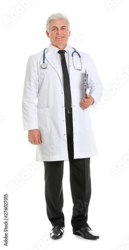 Full length portrait of male doctor with clipboard isolated on white. Medical staff © New Africa