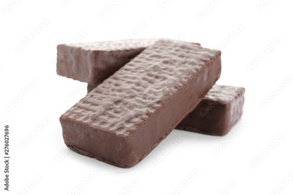 Delicious wafer sticks with chocolate coating isolated on white Delicious wafer sticks with chocolate coating isolated on white
