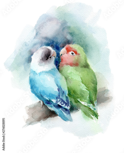 Lovebirds Couple sitting on the branch Green Blue Watercolor Bird Illustration