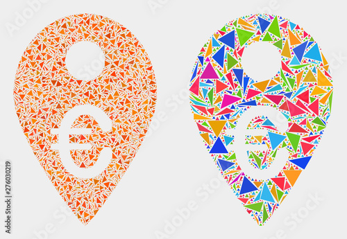 Euro map marker mosaic icon of triangle elements which have different sizes and shapes and colors. Geometric abstract vector design concept of euro map marker.