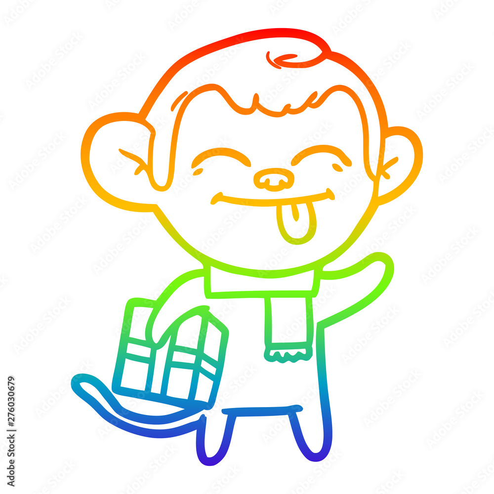 rainbow gradient line drawing funny cartoon monkey with christmas present
