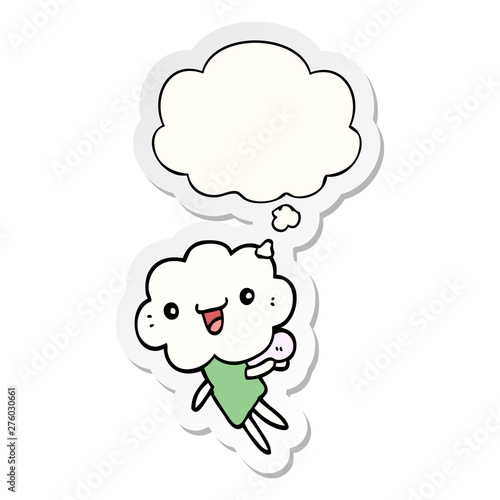cartoon cloud head creature and thought bubble as a printed sticker