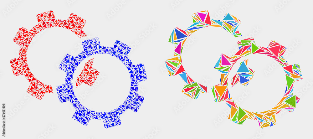 Gears mosaic icon of triangle elements which have various sizes and shapes and colors. Geometric abstract vector design concept of gears.