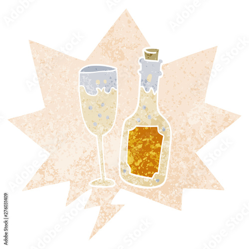 cartoon champagne bottle and glass and speech bubble in retro textured style