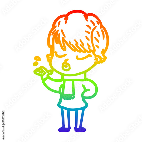 rainbow gradient line drawing cartoon woman with eyes shut