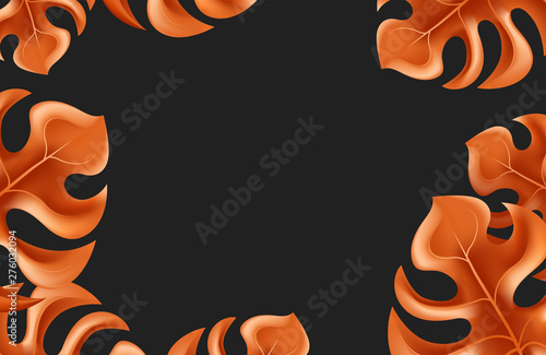 Tropical background with orange jungle leaves monstera on black background