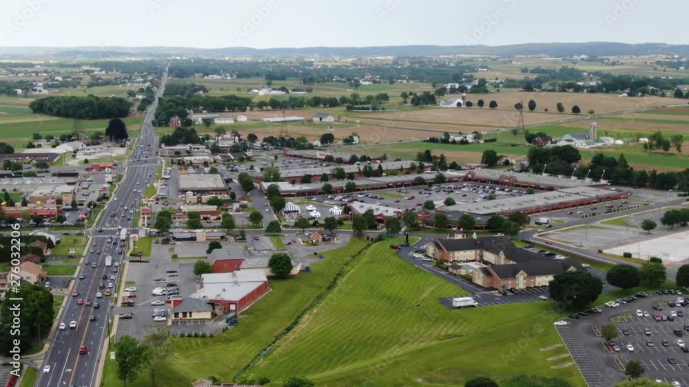 Aerial slow descent on heavy traffic moving up Lincoln Highway past the outlet stores, Lancaster, Pennsylvania Aerial slow descent on heavy traffic moving up Lincoln Highway past the outlet stores, Lancaster, Pennsylvania