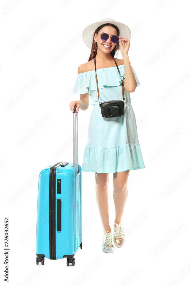 Female tourist with luggage on white background Female tourist with luggage on white background