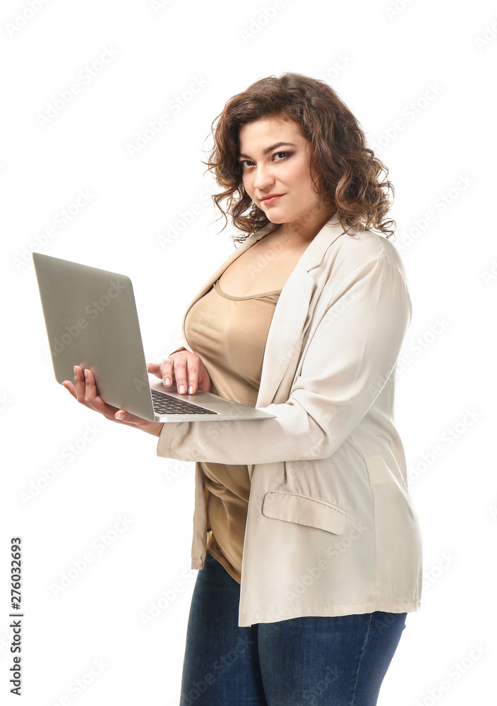 Naklejka premium Overweight woman with laptop on white background