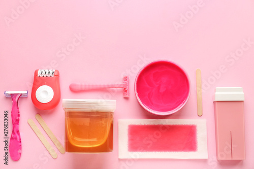 Set for hair removal on color background photo