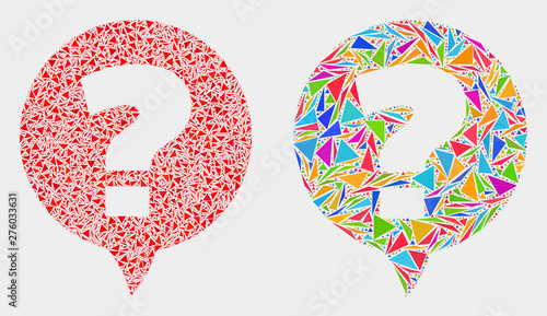 Question collage icon of triangle elements which have various sizes and shapes and colors. Geometric abstract vector illustration of question.