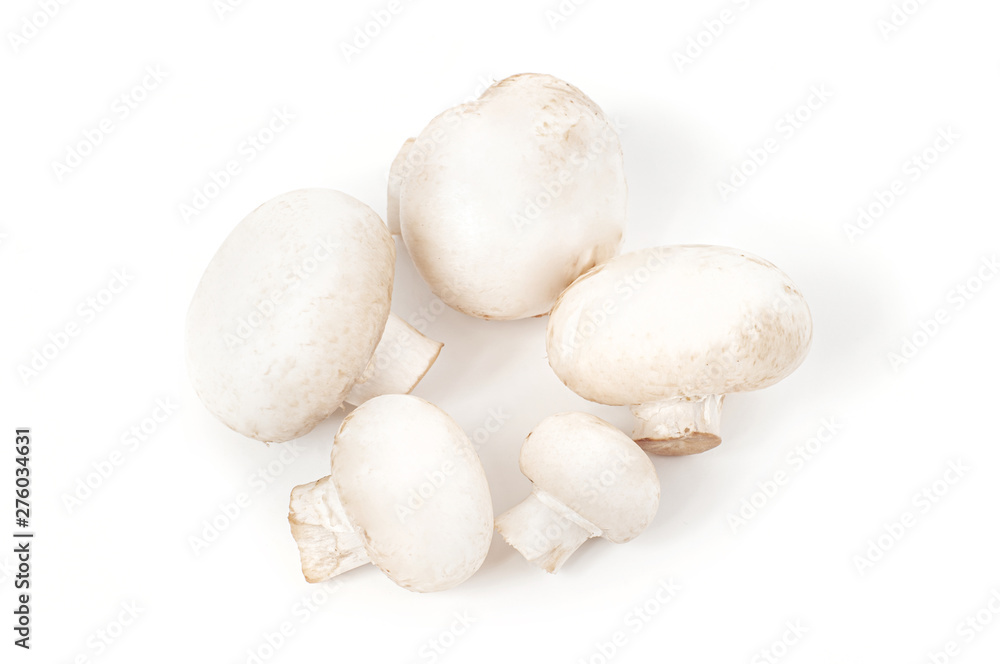 Fresh champignon mushrooms on white background