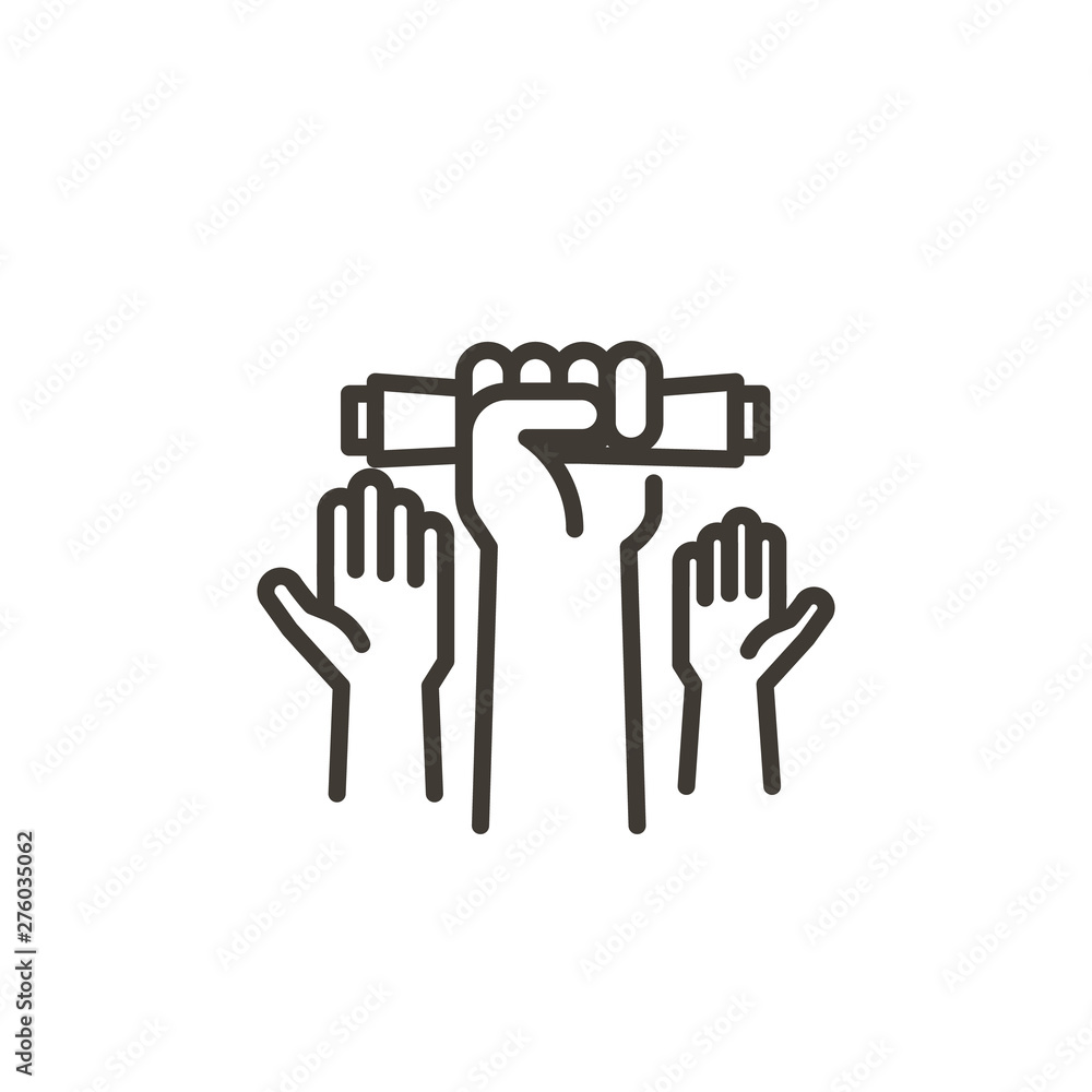 Fototapeta premium Hands celebrating graduation from school or college with a diploma. Vector thin line icon related with education