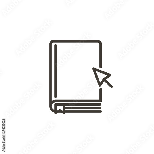 Book with a mouse pointer arrow icon. Vector thin line illustration for ebooks, digital applications for reading online books