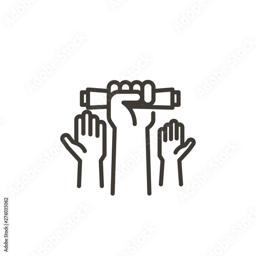 Hands celebrating graduation from school or college with a diploma. Vector thin line icon related with education