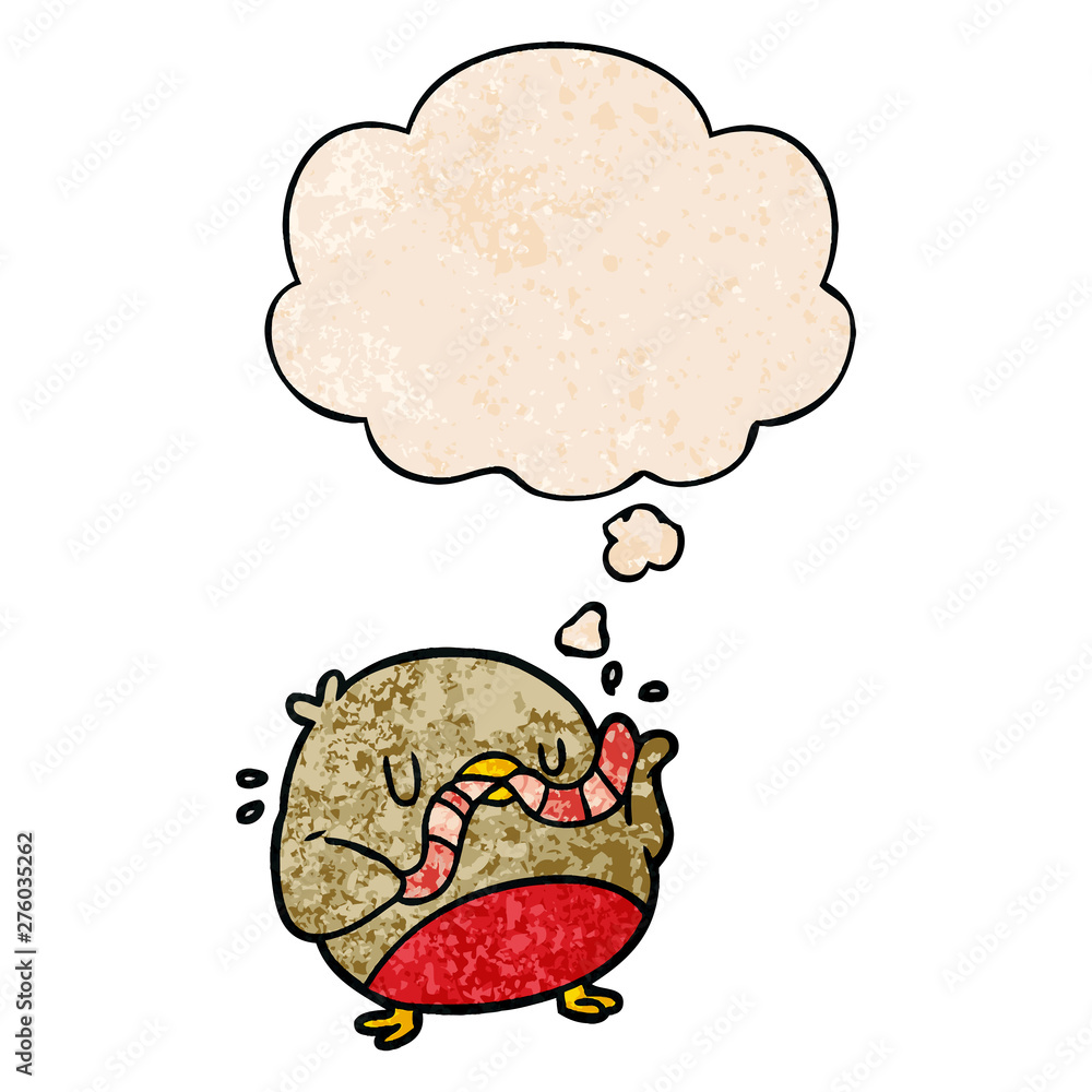 cartoon robin with worm and thought bubble in grunge texture pattern style cartoon robin with worm and thought bubble in grunge texture pattern style